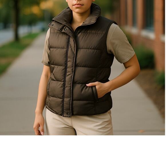 Eddie Bauer Brown Puffer Vest Down Filled Zippered Pockets Adj Waist NEW M - Picture 2 of 4